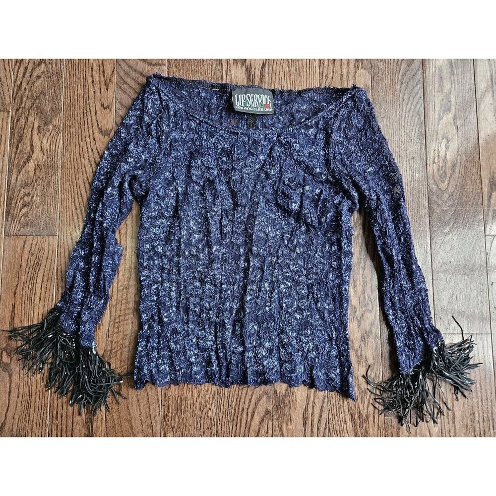 Vtg Y2K Lip Service Blue Sparkly Mesh 3/4 Sleeve Top Size S, Stretchy W/tassles